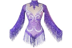 Tyian Sexy Sparkly Diamante Pearl Long Sleeves Fringe Women Bodysuit Team Performance Dance Club Pole Dance Drag Queen Outfit