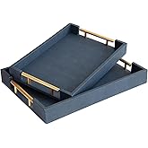 UPPER DECOR Modern Decorative Tray Set of 2, Blue Shagreen Leather Tray, Rectangle Serving Trays with Gold Polished Metal Handles, Ottoman Trays Coffee Table Perfume Kitchen Home Decor