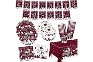 XIENBLOC Graduation Party Supplies 2024 Graduation Party Tableware Set Maroon Plates Napkins Cups Tablecloth Banner for Congrats Disposable Paper Grad Party Decorations Serve 25