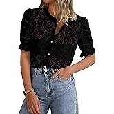 PRETTYGARDEN Womens 2026 Spring Lace Tops Short Puff Sleeve Casual Dressy Blouses Eyelet Crew Neck Button Down Shirts
