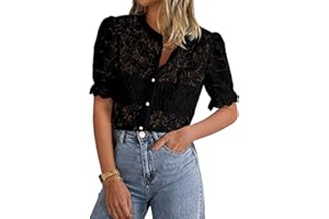 PRETTYGARDEN Womens Summer Lace Tops Short Puff Sleeve Casual Dressy Blouses Eyelet Crew Neck Buttom Down Shirts