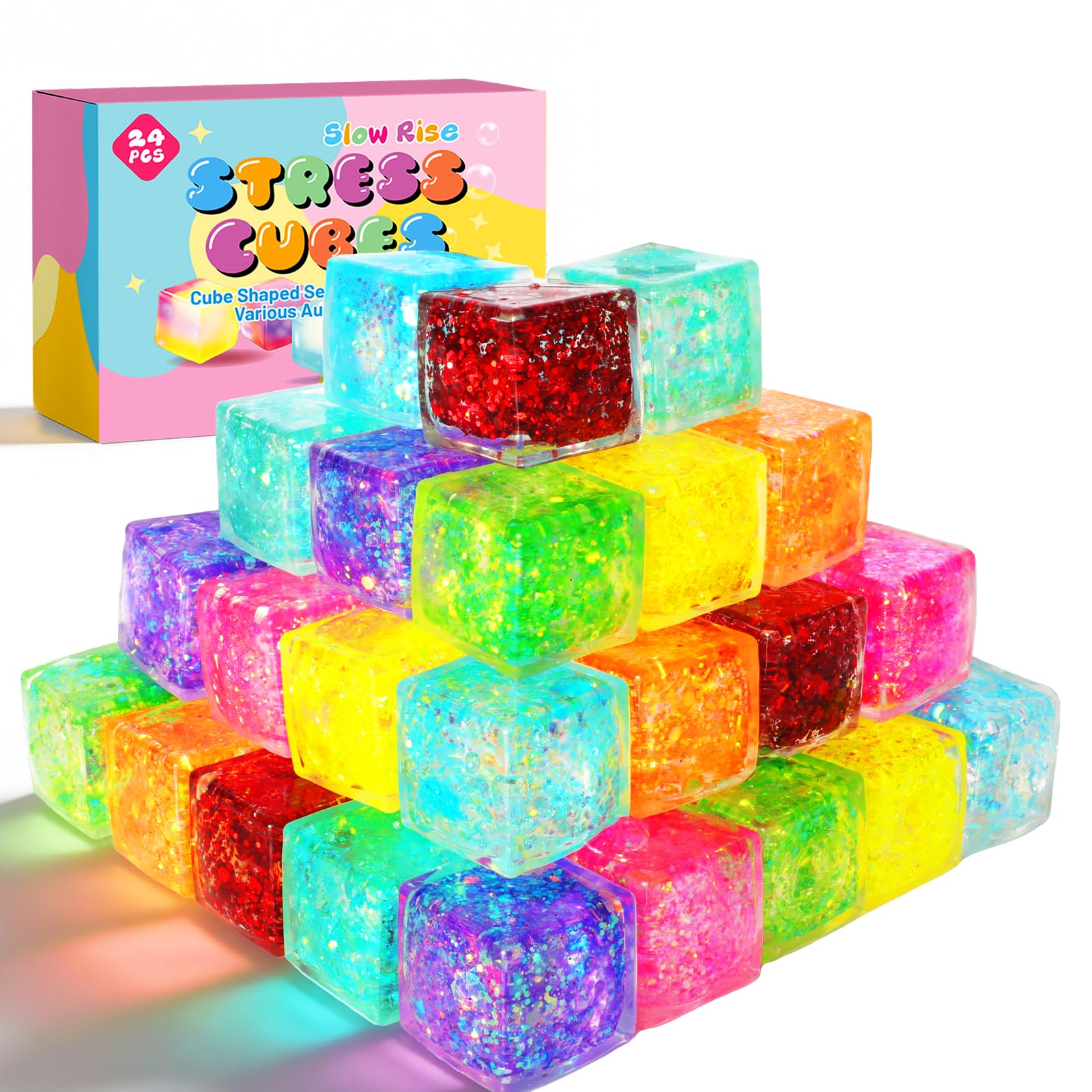 24 Pack Slow Rising Ice Cube Squishy Stress Balls，Stress Cube for Adults Kids , Sensory Fidget Toy for Anxiety Relief, Square Squeeze Toy for Classroom Prizes, Mini Nice Cube Squishy for Party Favors