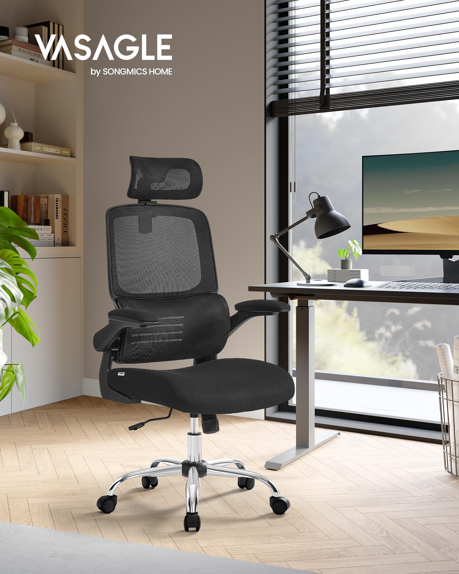 VASAGLE Office Chair, High Back Mesh Chair for Computer Desk, Adaptive Lumbar Support, Ergonomic, Foldable Armrests, Adjustable Headrest, Tilt Function, for Home Office, Ink Black UOBN040B21