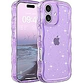 FABSPARK Phone Case for iPhone 16,Cute Clear Curly Wavy Frame Wave Case with Sparkly Bling Glitter,Non-Yellowing Transparent Acrylic Hard PC Cover for iPhone 16,Glitter Clear Purple