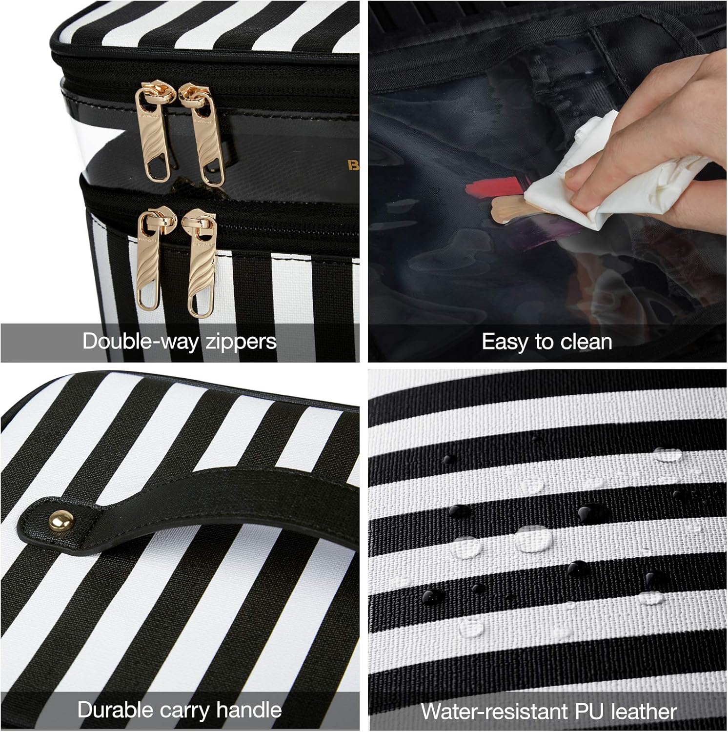 BAGSMART Large Cosmetic Bags Double Layer with Adjustable Dividers, 2 in 1 Makeup Bag Water-resistant Leather with Portable Clear Makeup Cases Travel, for Makeup, Cosmetics Tools, Brushes