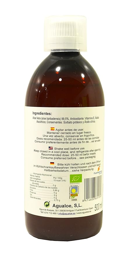 Vidaloe zumo natural ecológico de Aloe Vera 99,5% 500ml: Amazon.es ...