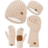 Women Winter Beanie Hat Scarf Gloves Headband Set, Fleece Lined Hat Ear Warmer Knit Long Scarf Touchscreen Gloves 4 Gift Set