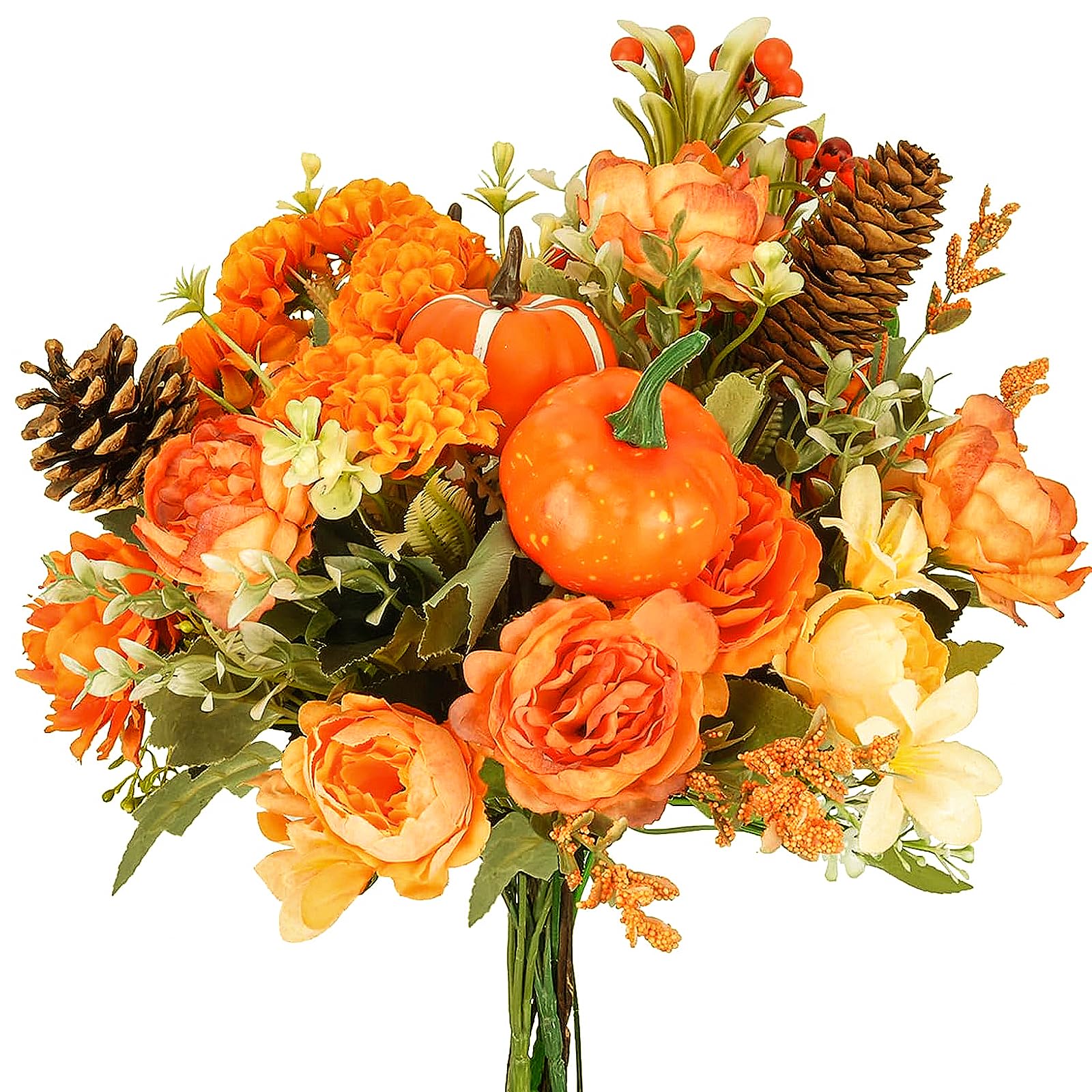 Photo 1 of HUAESIN 10PCS Artificial Fall Flowers for Decoration Fall Decor Silk Flowers Bouquet Orange Fake Roses with Pumpkin Silk Autumn Floral Arrangements for Home Table Centerpieces Thanksgiving Decor
