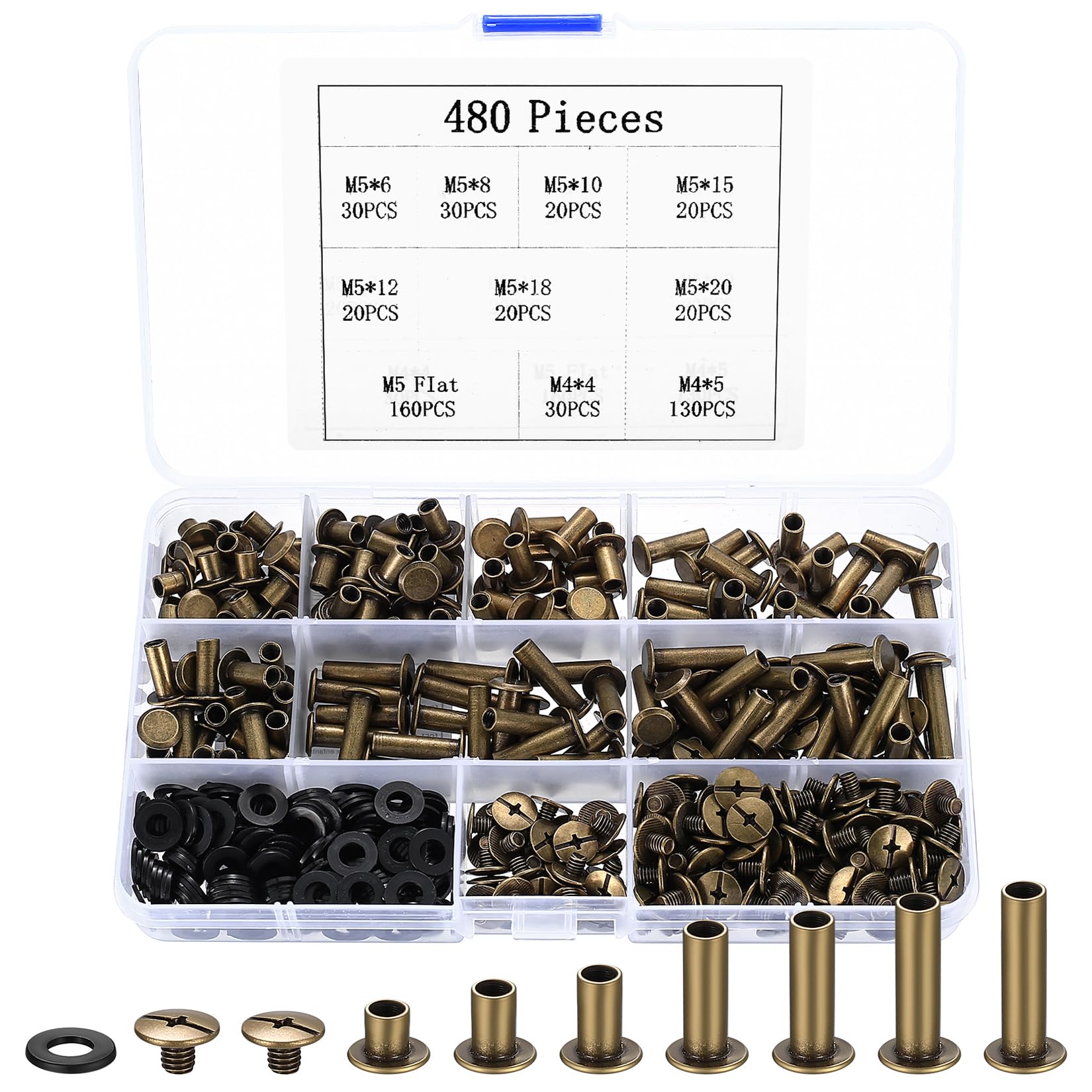 480 Pcs Chicago Screws, Chicago Binding Screws, Binding Screws Rivets for Leather Rivets Kit, Chicago Screw Posts for Handbag Purse Collar Backpack Belt Rivets, M5*6/8/10/12/15/18/20mm, M4*4/5mm
