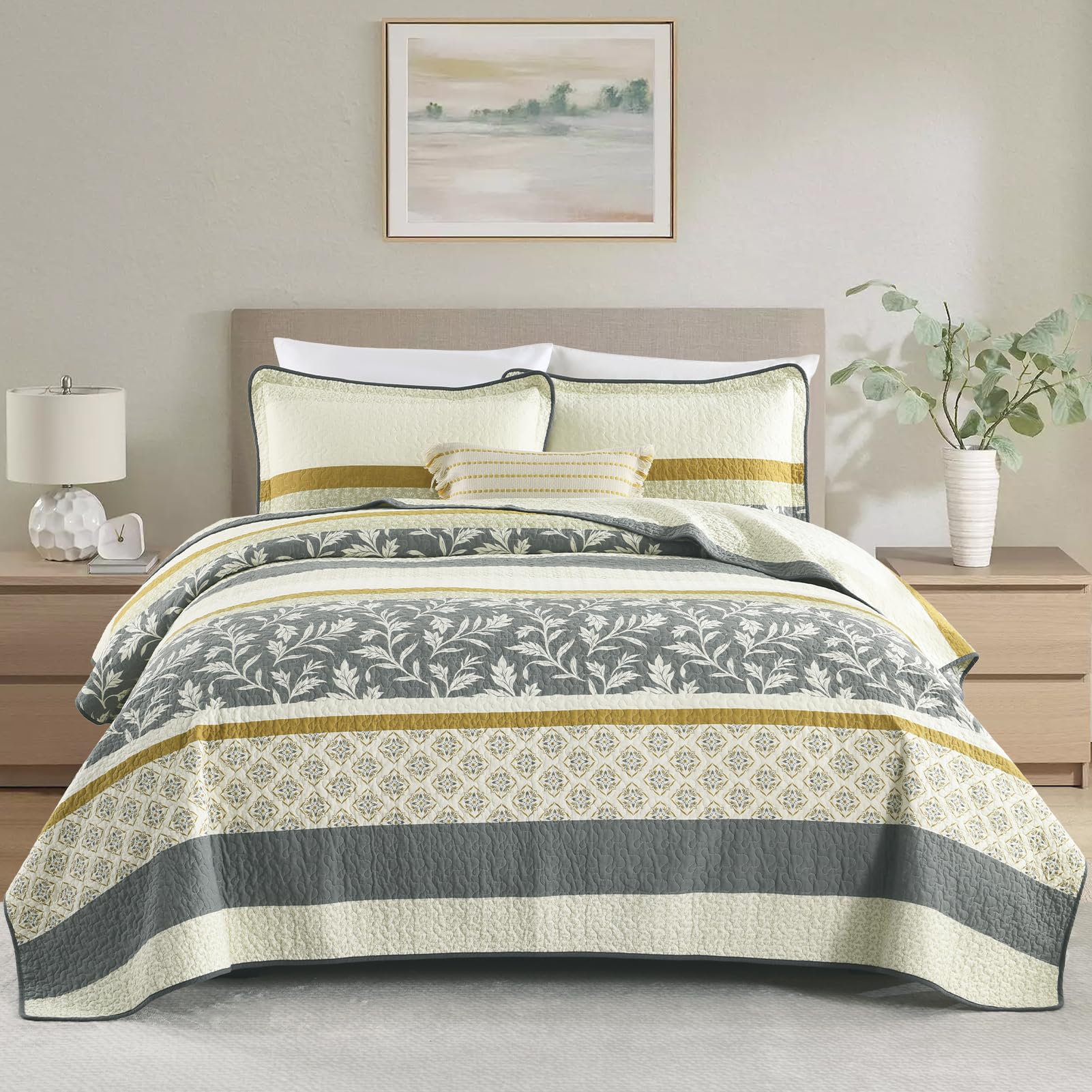 Set Biancheria Da Letto King Size Cotone KALOOLA - Reversibile 3 Pezzi, Motivo Botanico Beige, Leggera E Traspirante - 4