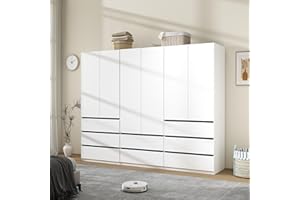 LABROSKIA Wardrobe Closet with 6 Doors: 75" White Armoire with 8 Drawers, Wooden Wardrobe for Hanging Clothes, Tall Storage Cabinet with Shelves and Hanging Rod (B+B+A, 94.5")