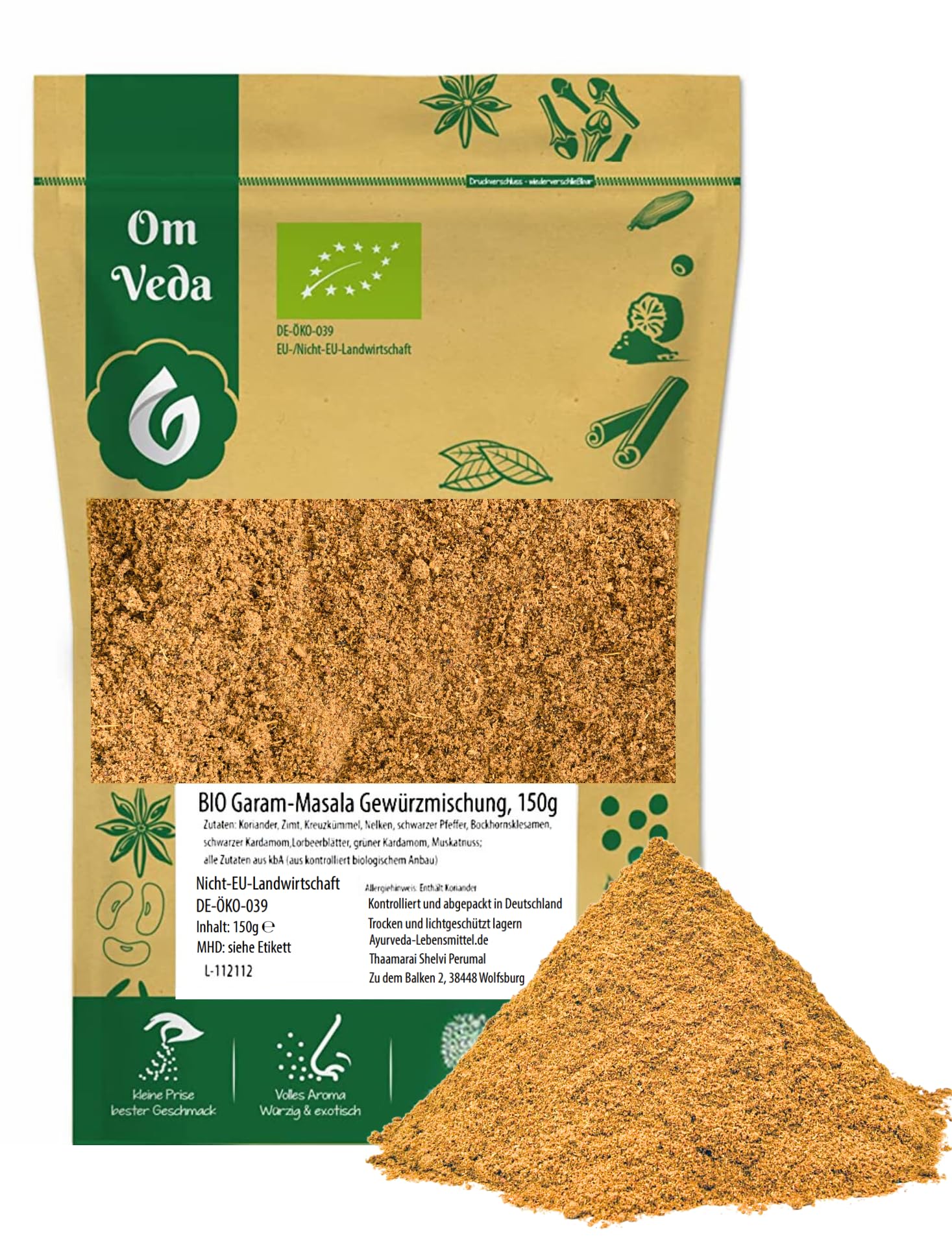 BIO Garam Masala Gewürzmischung 150g | Aromatische Premium Gewürzmischung für Currys, Eintöpfe, Chutneys, Marinaden | Fein gemahlen, ohne Salz | Vegan, glutenfrei, ohne Zusatzstoffe | OmVeda