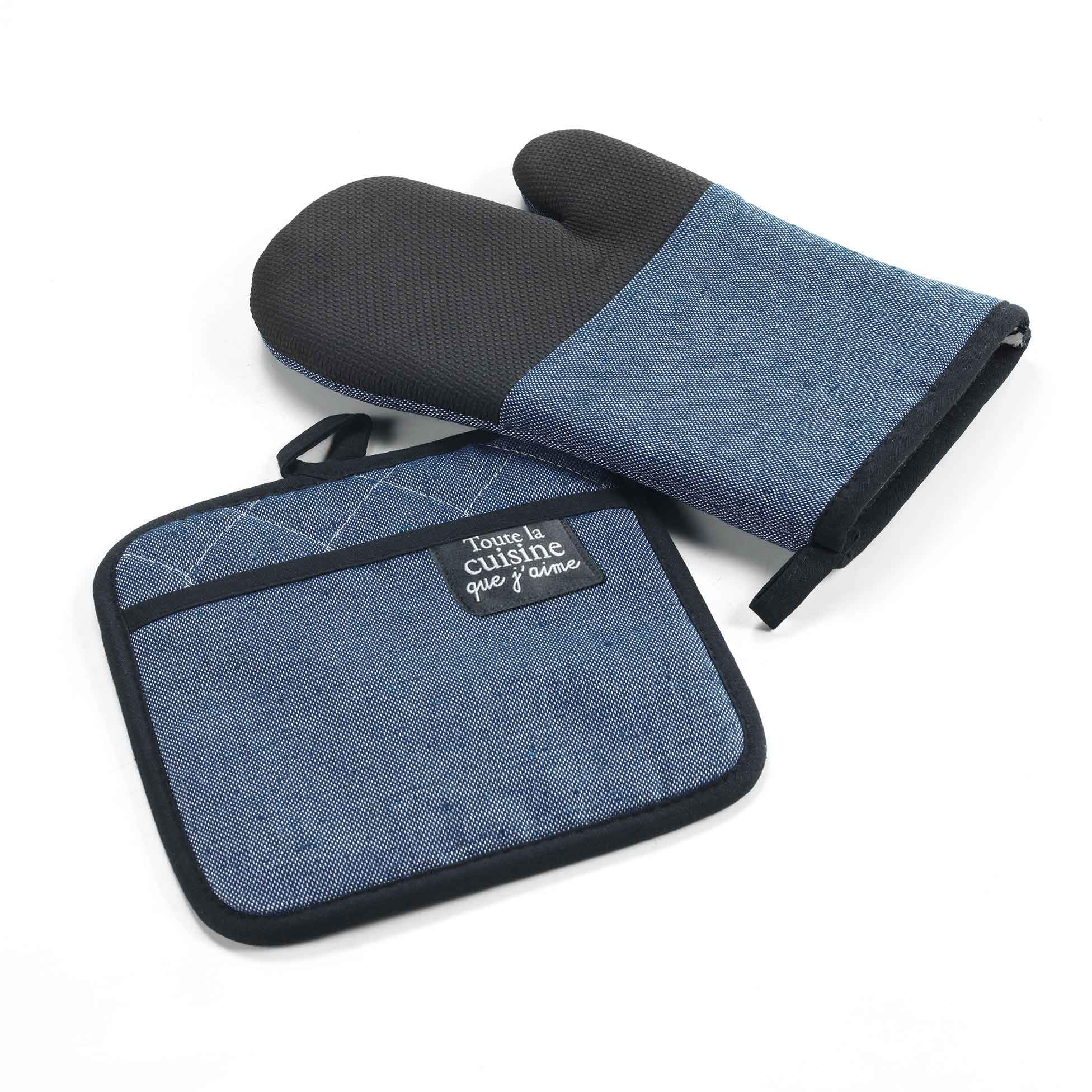 DOUCEUR D'INTERIEUR Glove + Pot Holder 18 x 28 cm / 20 x 20 cm Chambray Plain + PVC Harold Blue