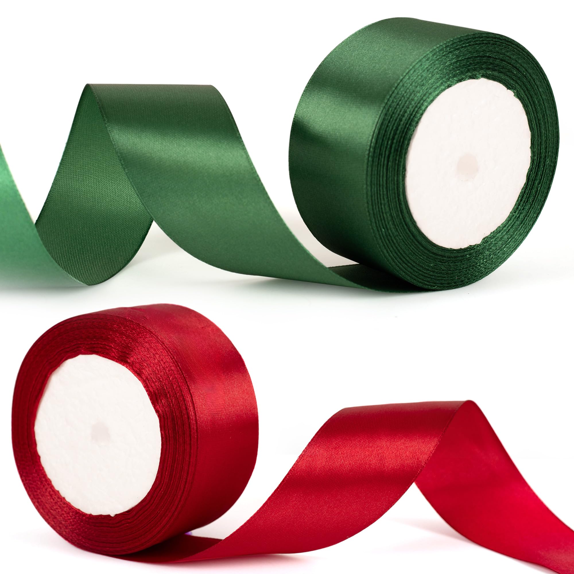 40mm Wide Burgundy Red and Green Christmas Ribbon for Gift Wrapping, Present Wrapping, Xmas Bow Decoration, and Crafting - Thick Satin