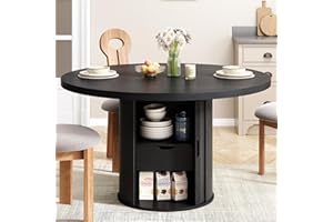 ONBRILL 47 inch Round Dining Table for 4, Circle Kitchen Table with 2-Layer Storage Shelf and a Drawer, Modern Farmhouse Dinner Tables with Sliding Door and Wood Strip Base for Kitchen, Living Room (Black)