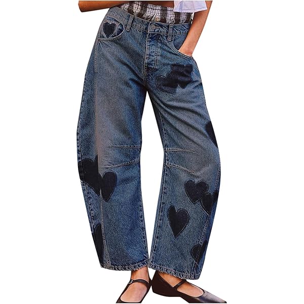 Womens Barrel Jeans with Hearts Graphic Y2K Baggy Printed