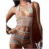 SHENHE Women's Y2k 2 Piece Knit Outfits Colorful Striped Halter Crop Top Micro Shorts Sexy Set