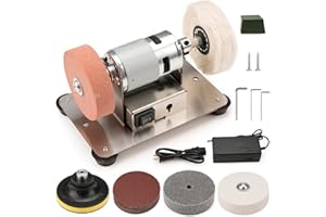 Sbestily Mini Bench Grinder Buffer Polisher, For Knife Metal Jewelry Wood Plastic DIY, Electric Small Benchtop Grinding Machine, Kit with Grinding Wheel, Cloth/Abrasive Fiber Wheel, Sanding Discs