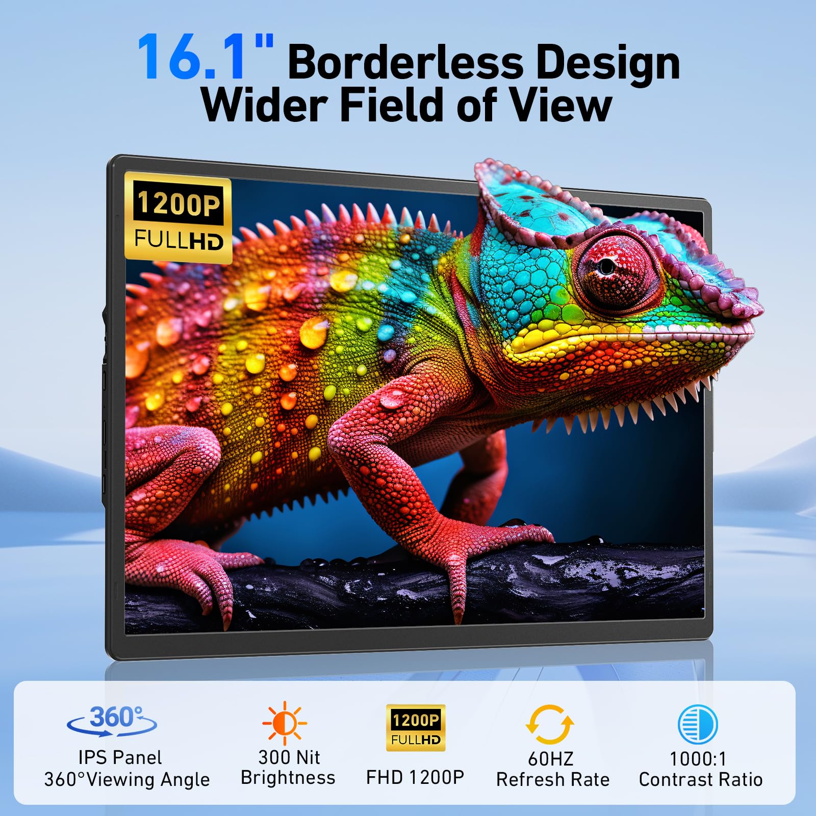 Laptop Screen Extender Monitor Portable - 16.1'' FHD 1200P Portable Screen for Laptops, 360° Rotating, Plug & Play, Detachable Stand, Height Adjustable Laptop Monitor Extender for Mac/Win/Phone/Tablet
