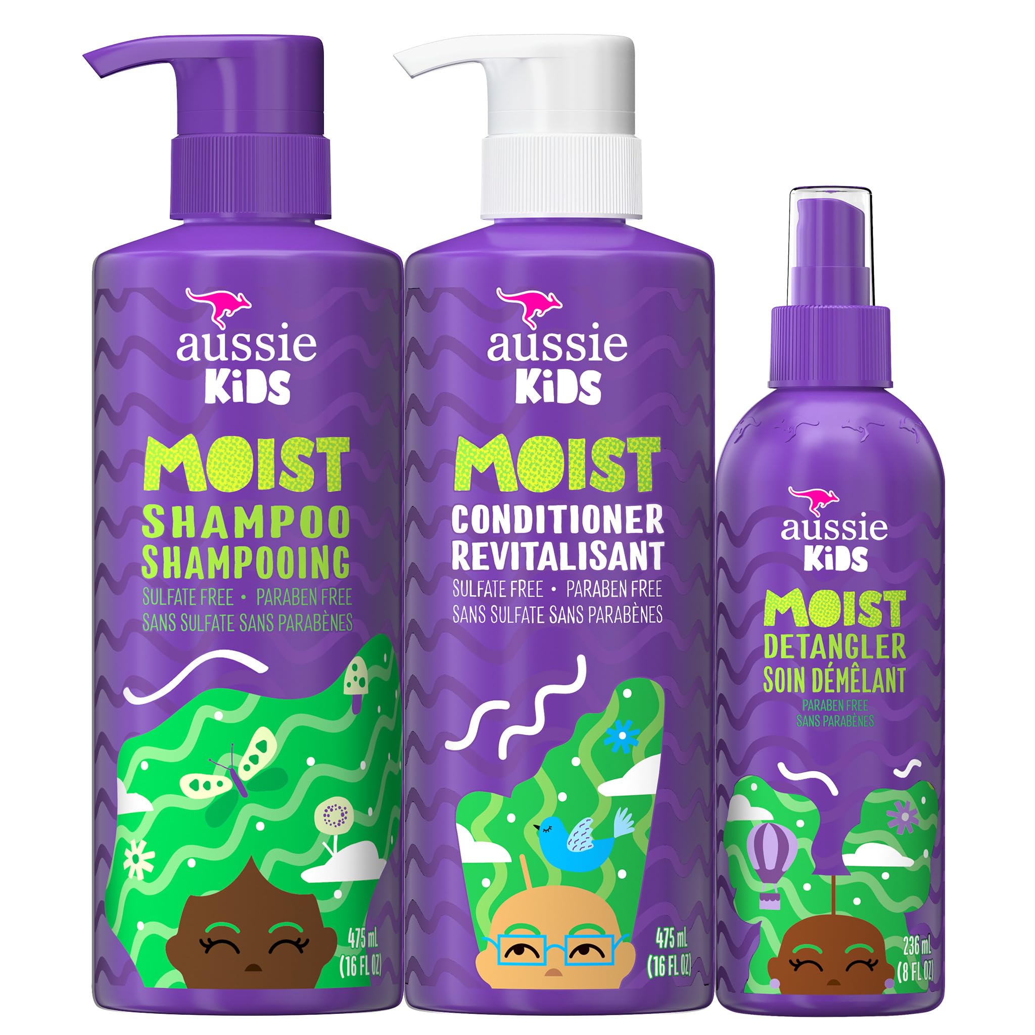 Aussie Kids Hair Care Bundle Set Including: Shampoo (16 Fl Oz), Conditioner (16 Fl Oz) & Detangler Spray (8 Fl Oz), Paraben- Freem Sulfate-Free, Dye-Free, Cruelty-Free, Tangle-Free Styling