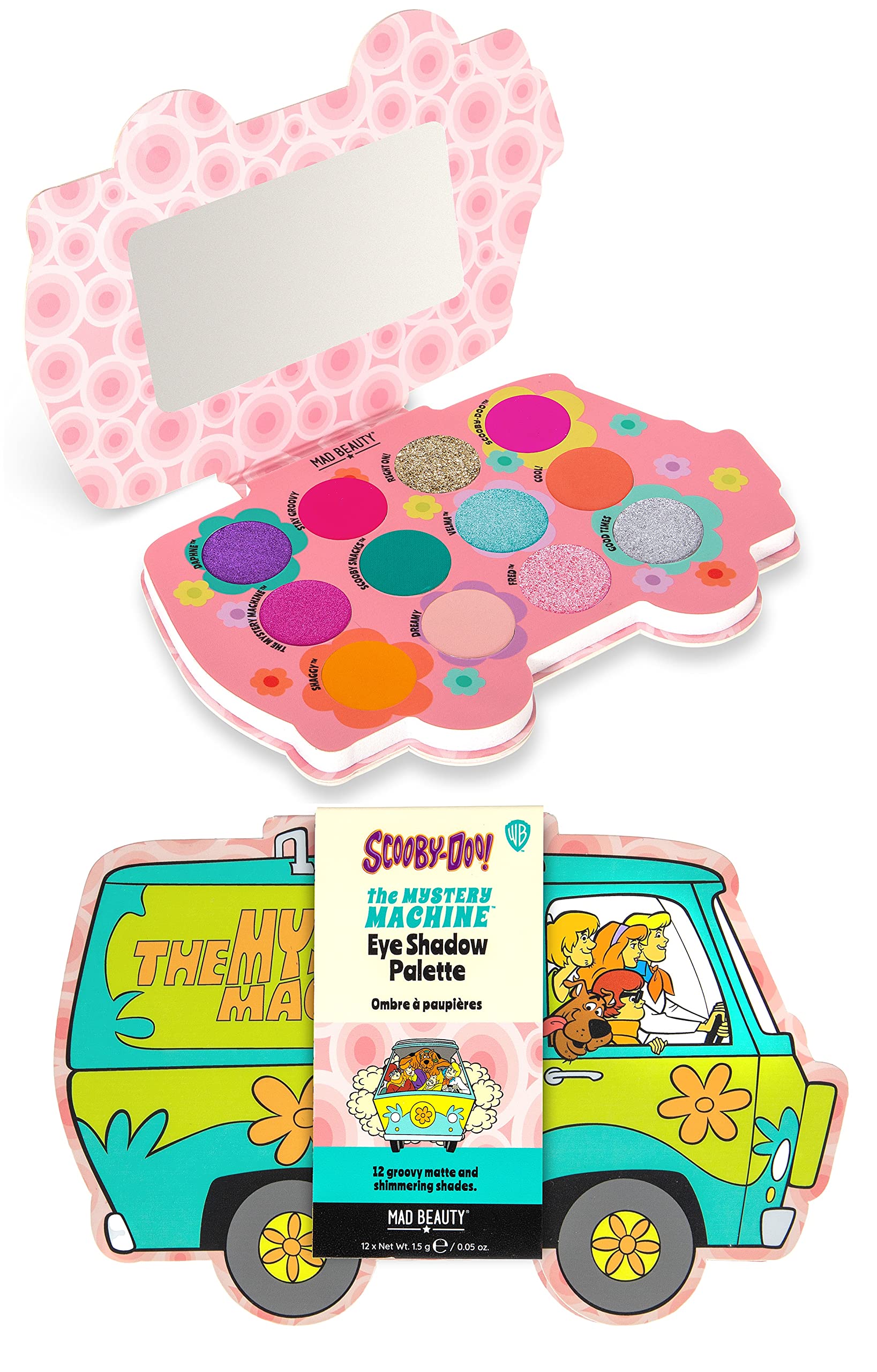 MAD BEAUTY, Scooby-Doo The Mystery Machine Eye Shadow Palette, Lid Mirror, Travel Ready, Metallic Shimmers, Pressed Glitter, Great Gift