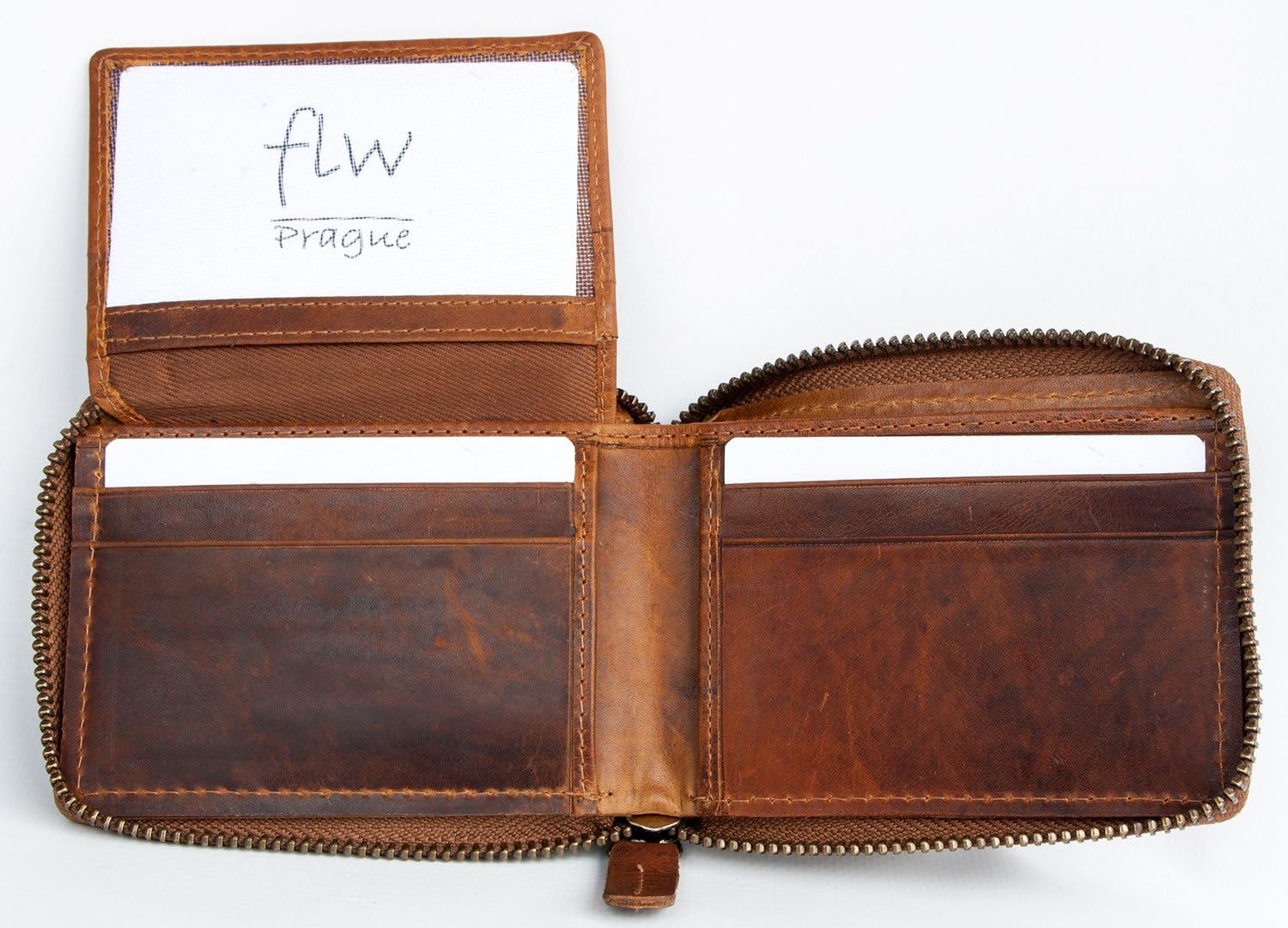 FLW Glazed genuine leather pocket sized wallet with metal zipper around, Tan - Image 5