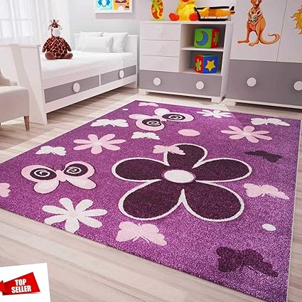 VIMODA Kinderzimmer Teppich Modern in Lila Pink Flauschig Blumen Schmetterlinge Konturenschnitt Geprüft von Ökotex, Maße:60x1