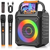 Portable Karaoke Machine with 2 Wireless Mics Bluetooth Karaoke Speaker with PA System for Adults,Parties,Home Use,Support BT/TF/USB/AUX/FM,Recording,LED Lights,Powerful Bass and Treble (K168N-Black)