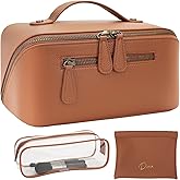Divvia Travel Makeup Bag 3 Pcs Set, Waterproof Vegan Leather Toiletry Bag Organizer with Compartments & Handle, Cosmetic Bags for Women, Portable Travel Essentials Pouch (Large, brown)