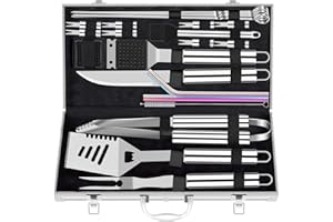 ROMANTICIST 25pcs Extra Thick BBQ Grill Accessories, Christmas Grilling Gifts Set for Men Dad, Heavy Duty Grill Tools Utensils Kit with Spatula, Tongs in Aluminum Case for Birthday Silver