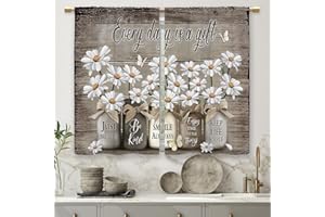 Laifzere Farmhouse Floral Kitchen Curtains Daisy Rustic Vintage Flower Inspirational Small Short Cafe Window Curtains Wooden Country Quotes Bathroom Tier Window Treatment Drapes (26x36 Inch)