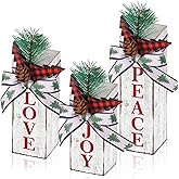 Shellwei 3 Pcs Christmas Table Centerpieces Christmas Rustic Wood Presents Xmas Wooden Faux Blocks Farmhouse Tiered Tray Decor with Buffalo Plaid Bowknot for Holiday Party Decoration(Elegant)