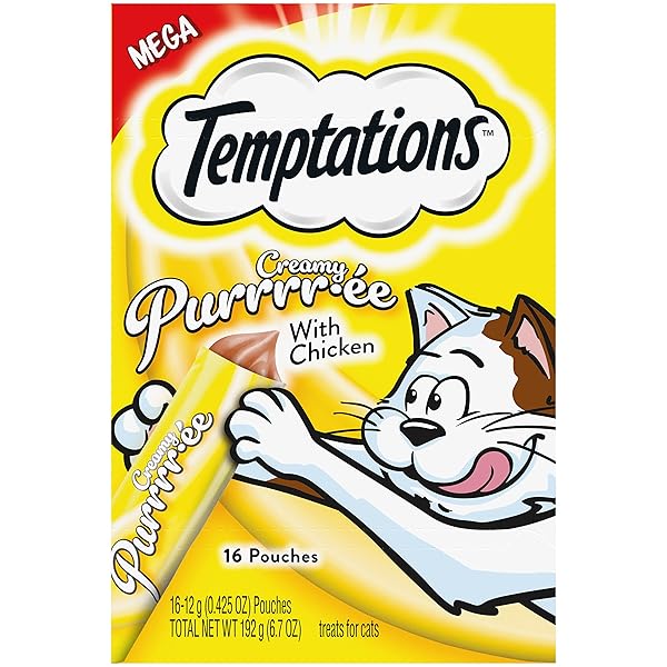 TEMPTATIONS CREAMY PUREE WITH CHICKEN LICKABLE, SQUEEZABLE CAT TREATS, 0.42 OZ POUCHES, 16 COUNT (PACK OF 1)