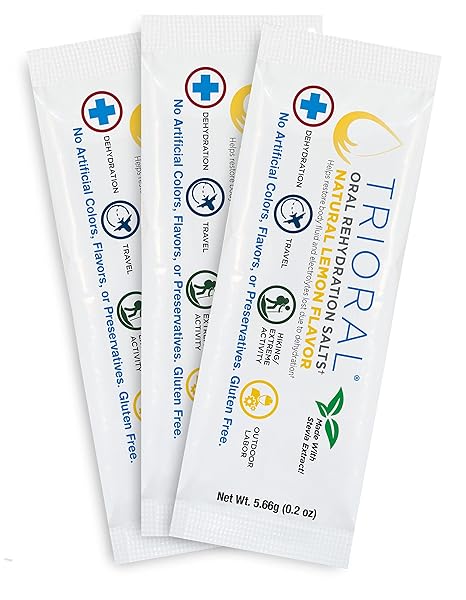 TRIORAL NATURAL LEMON W/ STEVIA ORAL REHYDRATION SALTS (WORLD HEALTH ORGANIZATION NEW FORMULA FOR FOOD POISONING, HANGOVER PREVENTION AND RELIEF, DEHYDRATION FROM DIARRHEA (25 PACKETS/BOX)