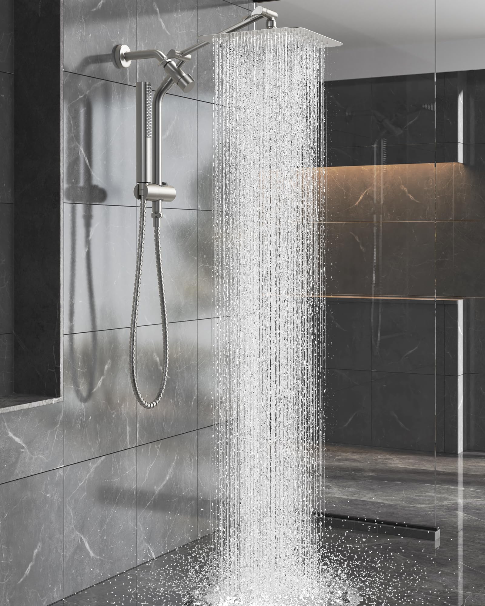 Photo 1 of Veken Brushed Nickel Shower Head, 10'' All Metal Rain Shower Heads with Handheld Spray Combo, Hand Held Bathroom Combo with Extension Arm, Dual shower with Power Wash, Adjustable Rainfall Showerhead