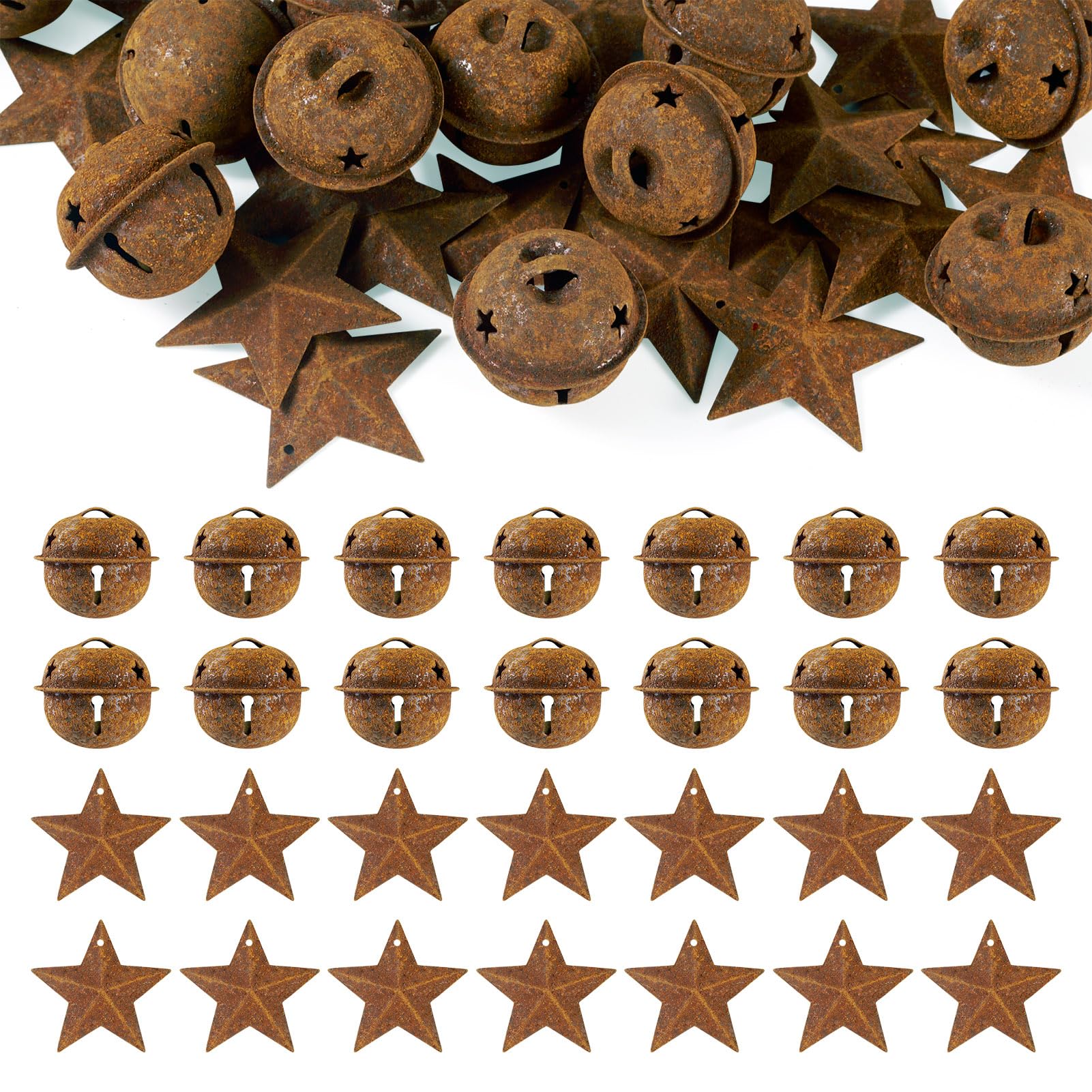 Crafans 40Pcs Vintage Jingle Bell Ornaments Star Dangle Pendants Ornaments Xmas Ornament Star & Jingle Bells Christmas Tree Decoration for Pet House Decoration