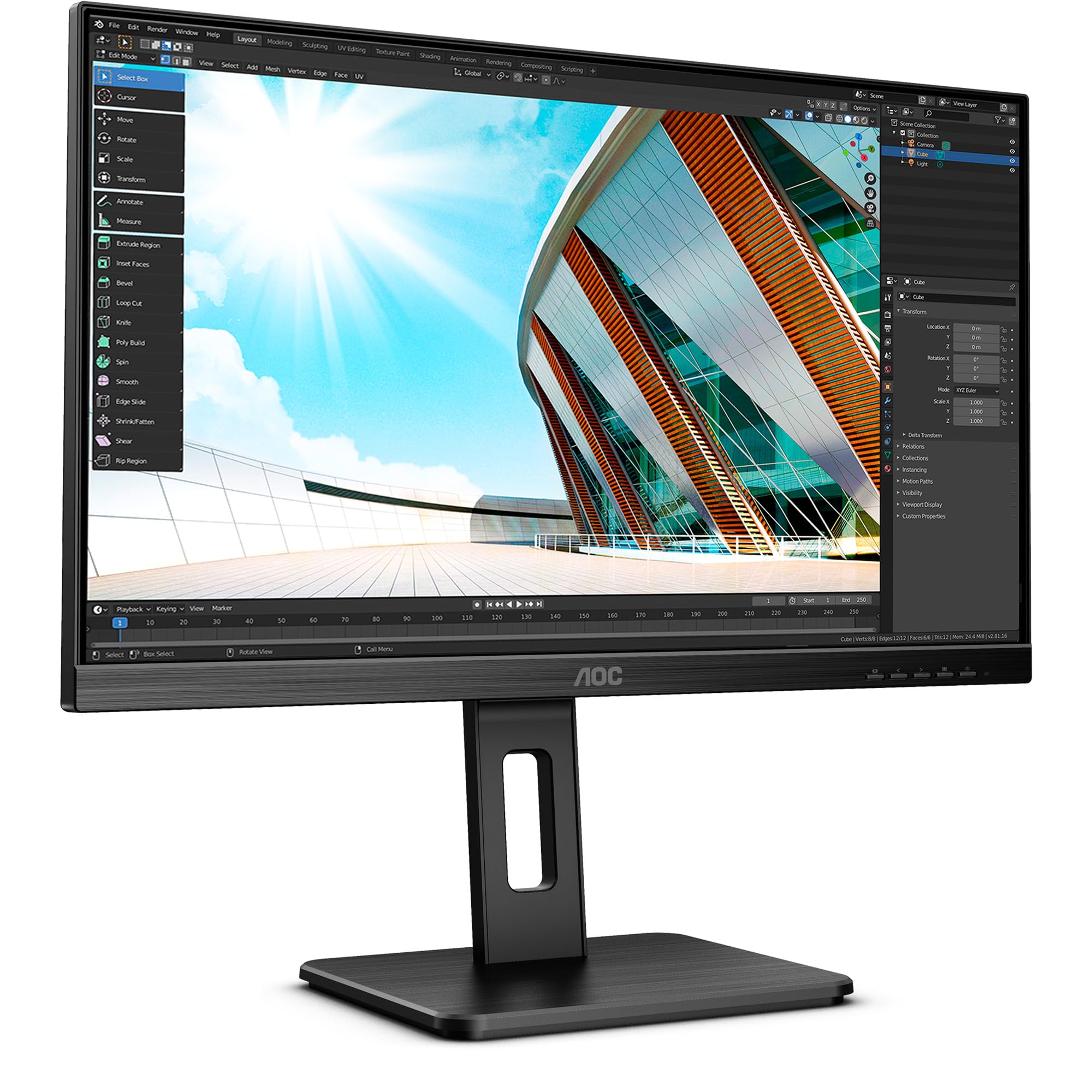 AOC 24P2Q - 24 Inch FHD Monitor, 75Hz, 4ms, IPS, Height Adjust, USB Hub, Speakers (1920x1080 @ 75Hz, 250cd/m², HDMI//DP/VGA/DVI/ USB 3.2)