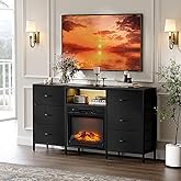 VINGLI Fireplace TV Stand Dresser with Fabric Drawer, Entertainment Center with LED Lights and Industrial TV Console Table with Open Storage Shelves for Living Room, Bedroom, Black
