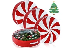 Yoojahow 4 Pcs 30 Inch Christmas Wreath Storage Bag Candy Cane Wreath Storage Container Clear Window Dual Zipper Handle Red White Peppermint Garland Organizer for Holiday Decoration, Cute Lollipop