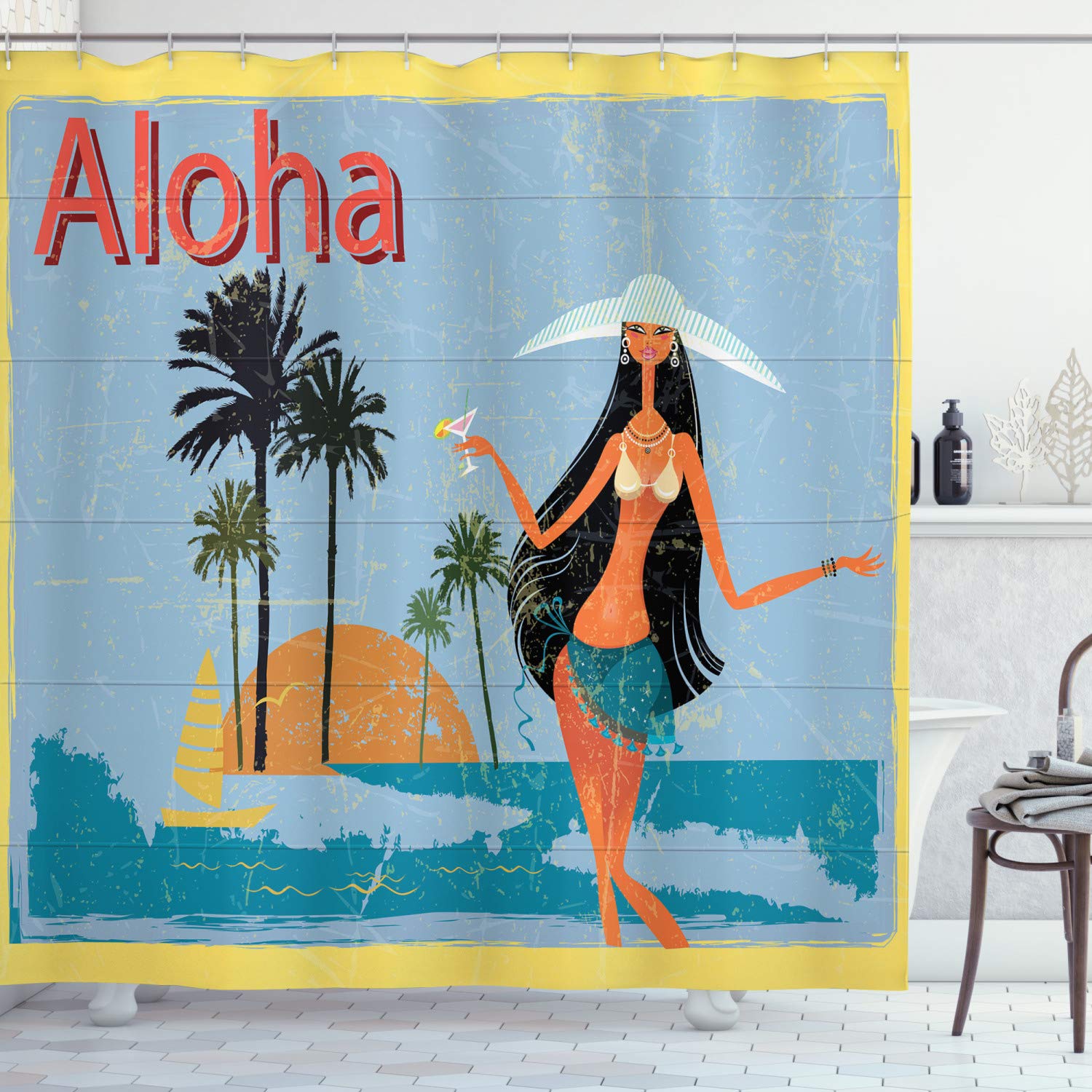 ABAKUHAUS Aloha Shower Curtain, Grungy Effect Vintage Design of an Island with Brunette Long Haired Hawaiian Lady, Cloth Fabric Bathroom Decor Set with Hooks, 78 Inches, Multicolor