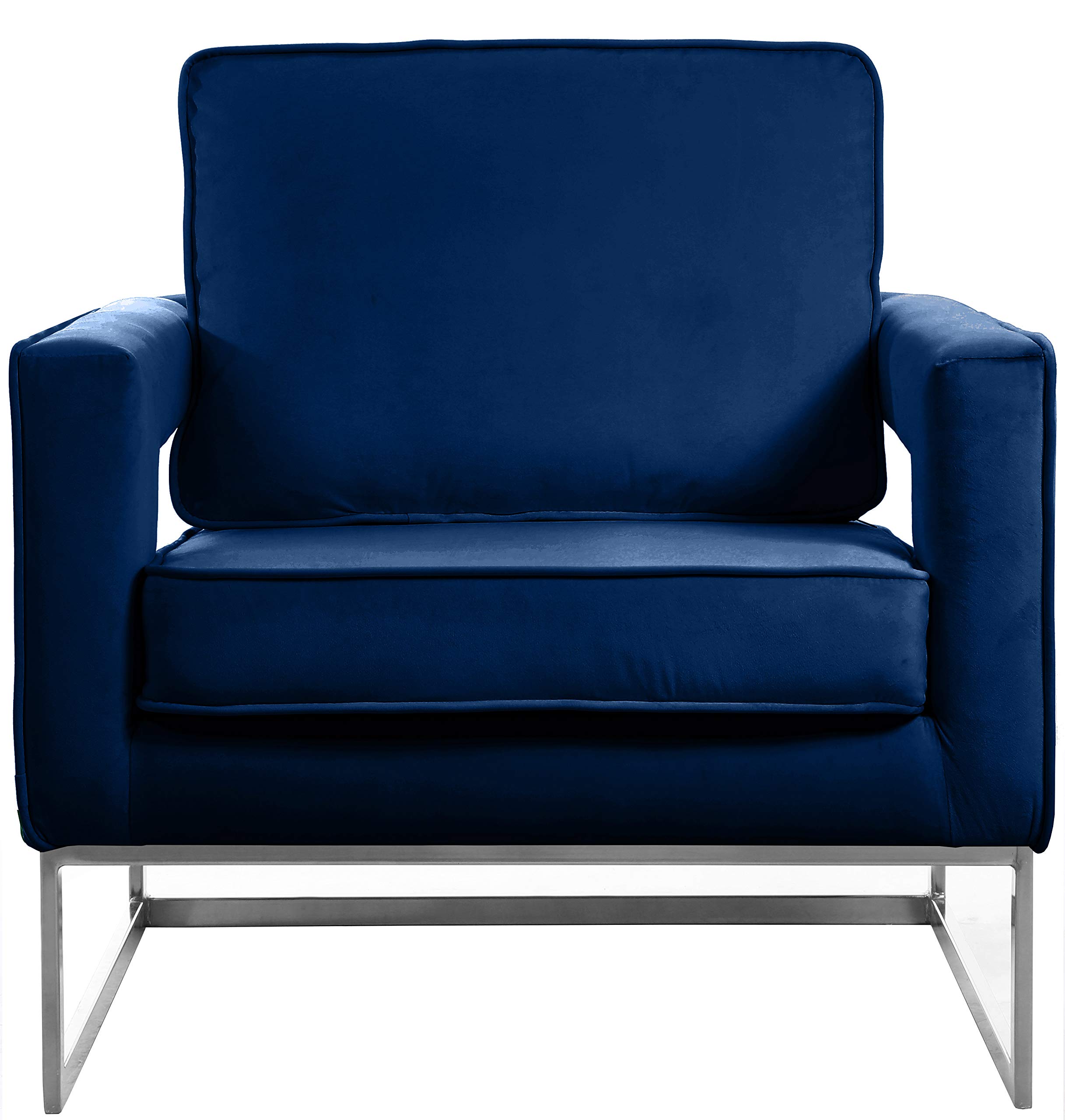 Meridian Furniture Noah Collection Modern | Contemporary Velvet Upholstered Accent Chair with Durable Stainless Steel Base, Navy, Chrome Base