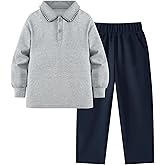 Little Bitty Boys 2-Piece Waffle Texture Knit Set, Long Sleeve Collared Top Wide Pants, Casual Fall Solid Outfit, 3-7 Years