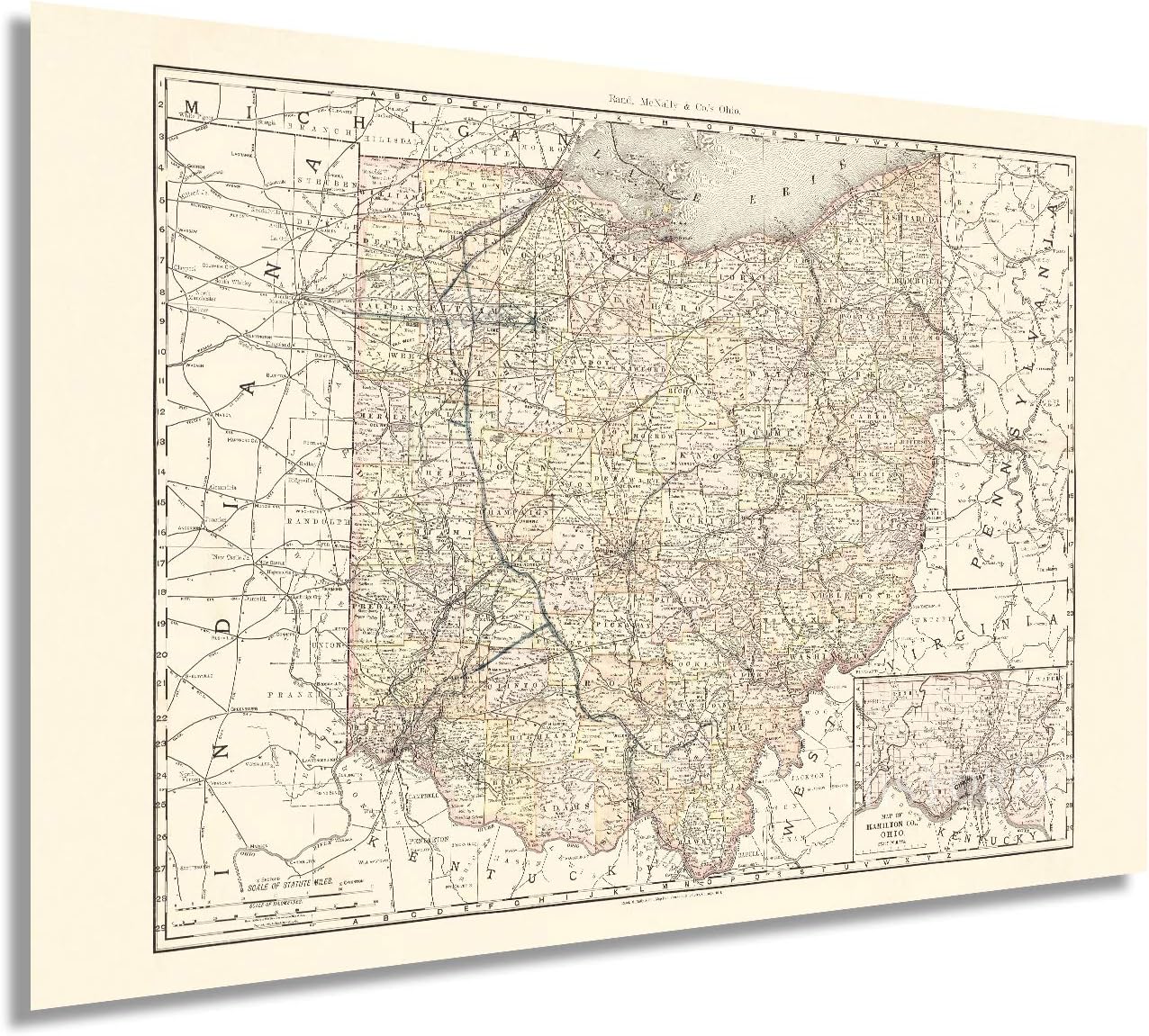 HISTORIX Vintage 1894 Ohio Map Poster - 24x36 Inch Vintage Map of Ohio State Wall Decor - Ohio State Map - Old Ohio State Poster Showing Counties and Railroad Lines - Ohio State Wall Art (2 Sizes)