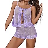 Avidlove Lingerie for Women Sexy Pajamas Sheer Open Front Sleepwear Lace Polka Dot Cami Shorts Set 2 piece