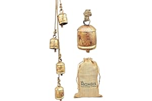 HIGHBIX Harmony 4 Cow Bells Cluster on Rope Large Rustic Vintage Lucky Cow Bells On Rope Wall Hanging Décor (Gold)