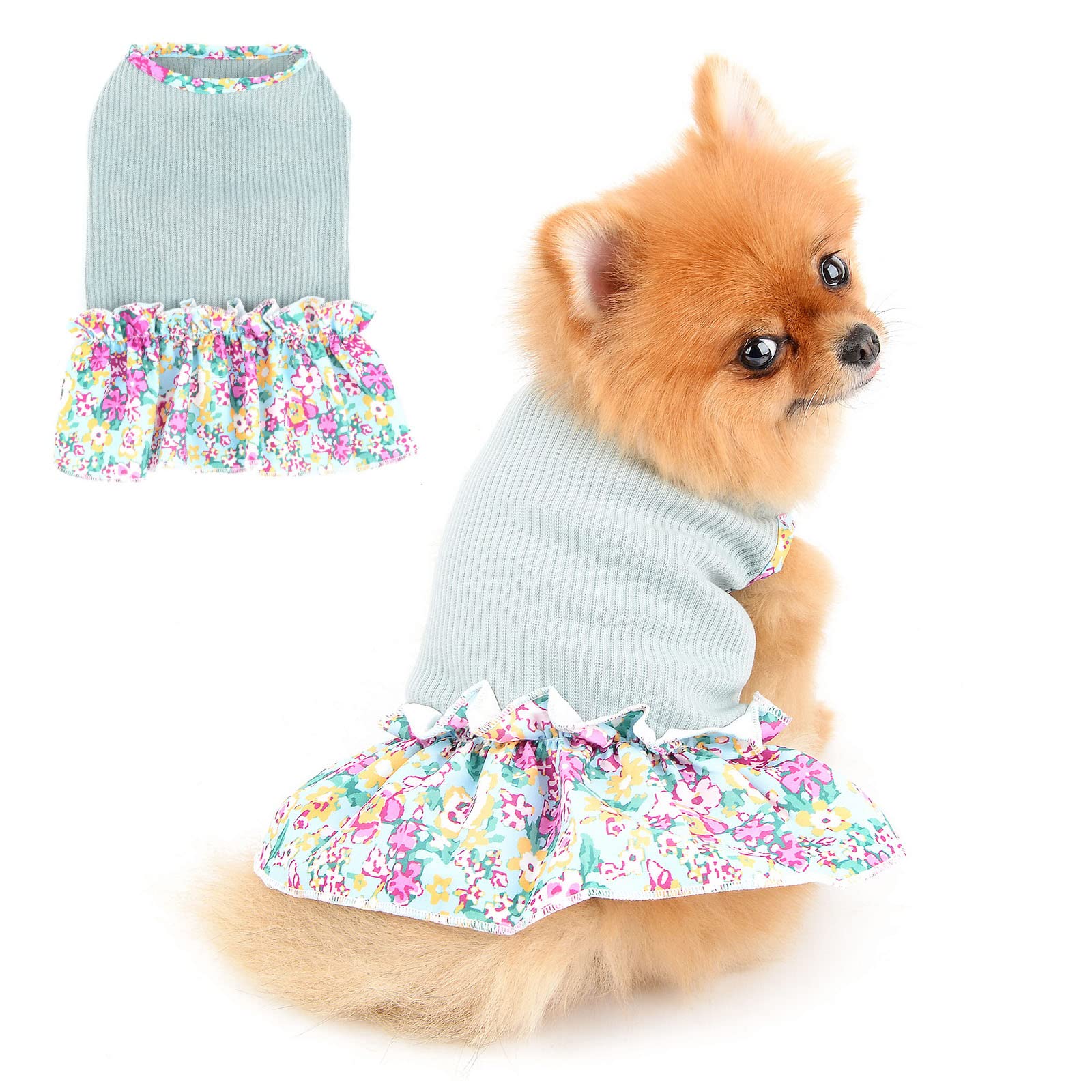 PAIDEFUL Dog Flowers Dress for Small Medium Dogs Cats Female Girls Soft Cotton Vest Tee Ruffled Skirt Breathable Tank Tops Puppy Chihuahua Yorkie Clothes T Shirts Pet Spring Summer Wearing Green S
