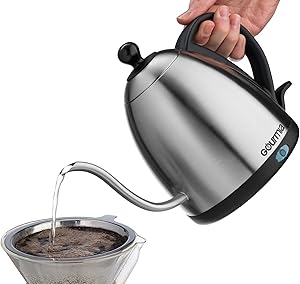 Retro Electric Kettle 1L Gooseneck Design for Pour Over Coffee or Tea - BPA Free Cordless Stainless Steel Maker w/Best Metal Goose-neck 1 Liter/QT Carafe & Hot Water Pot + Fast Brew Base by Gourmia