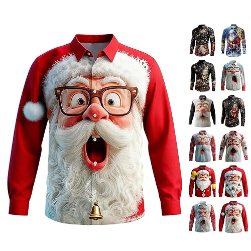 Mens Ugly Christmas Shirt Novelty Santa Print Xmas Dress Shirts Long Sleeve Lapel Festive Shirt Funny Button Down Ugly Shirts Graphic Suit Christmas Costume Tops Holiday Xmas T-Shirts