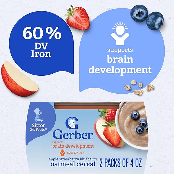 GERBER STAGE 2 BABY FOOD, APPLE STRAWBERRY BLUEBERRY OATMEAL CEREAL TUBS, IRON HELPS SUPPORT BRAIN DEVELOPMENT, NO ARTIFICIAL FLAVORS, BABY CEREAL, 2-PACK