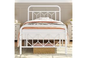 Yaheetech Metal Platform Bed Frame Mattress Foundation with Diamond Pattern Headboard/Footboard/Heavy Duty Steel Slat Support/Under Bed Storage/No Box Spring Needed/Twin Size White